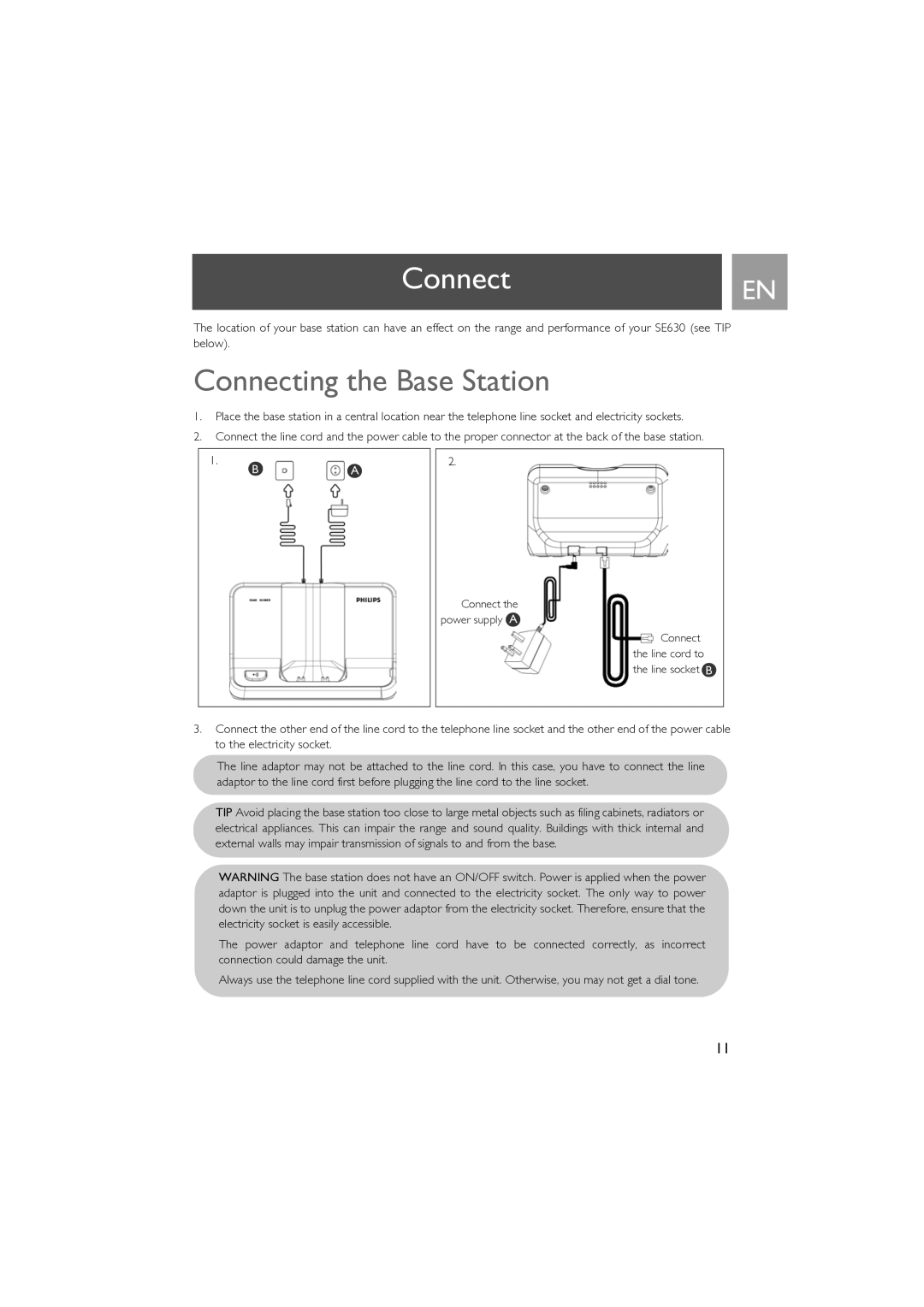 Philips SE630 manual ConnectEN, Connecting the Base Station 