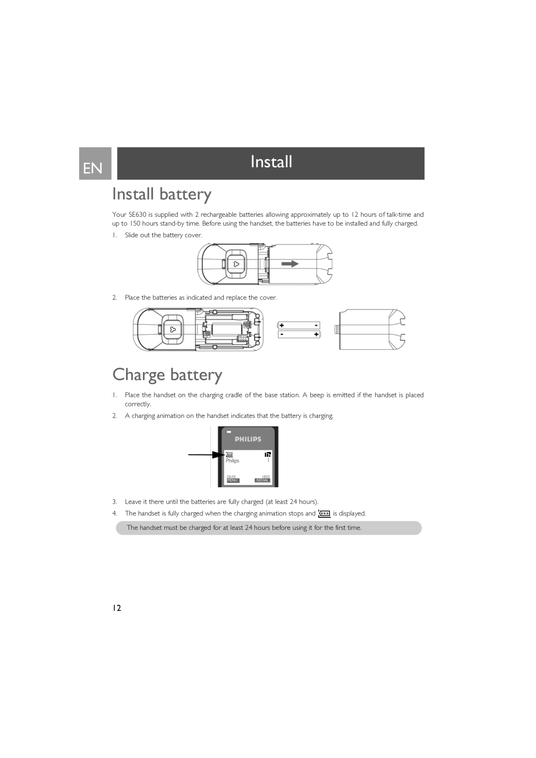 Philips SE630 manual ENInstall, Install battery, Charge battery 