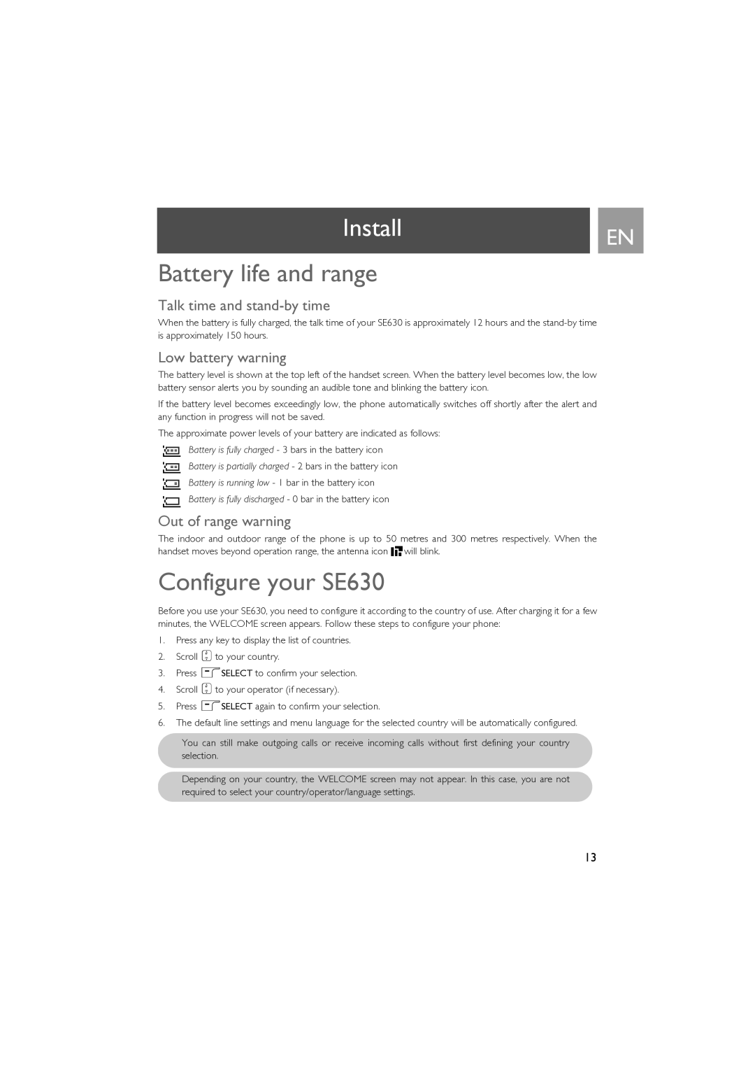 Philips manual InstallEN, Battery life and range, Configure your SE630 