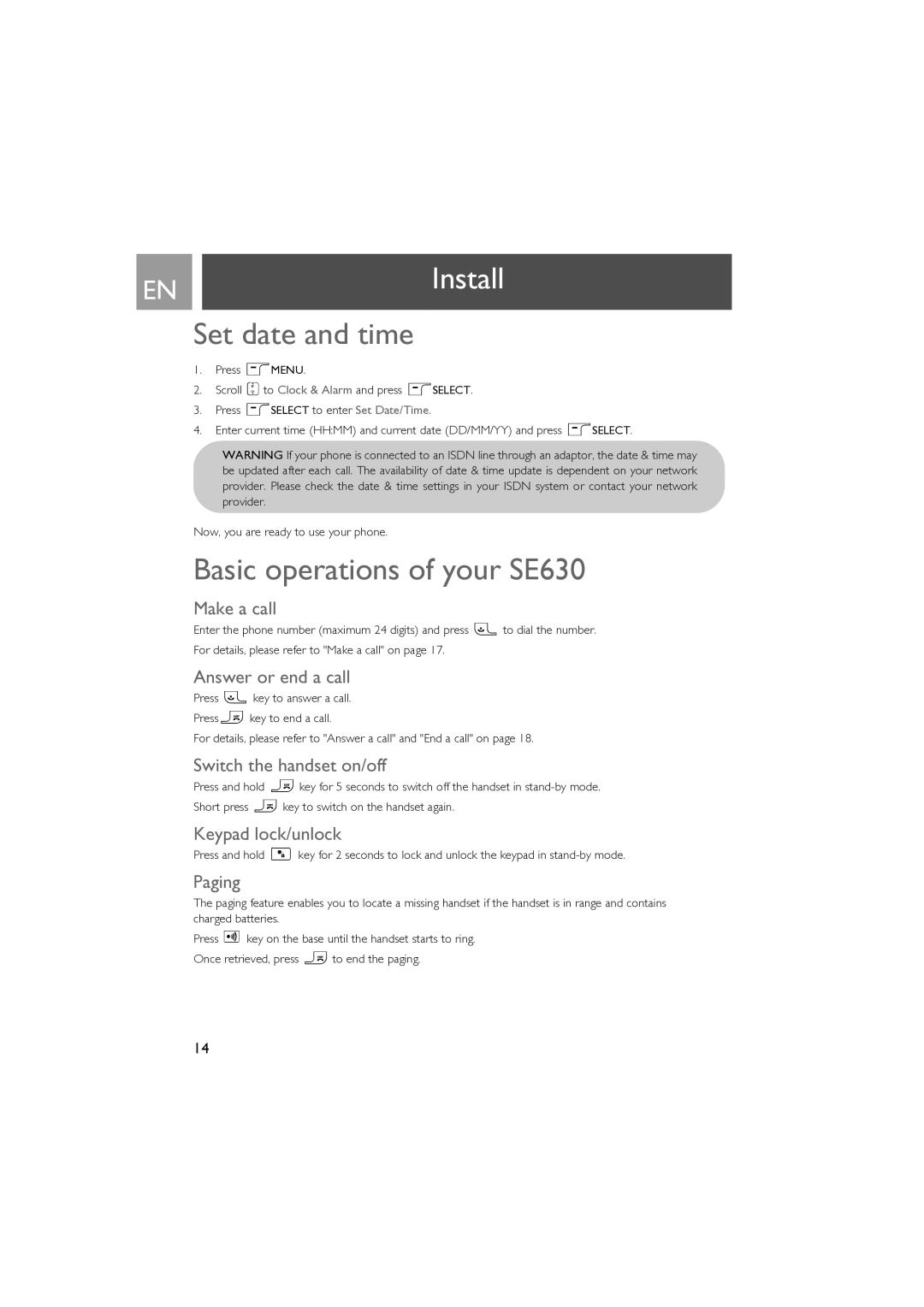 Philips manual Set date and time, Basic operations of your SE630 