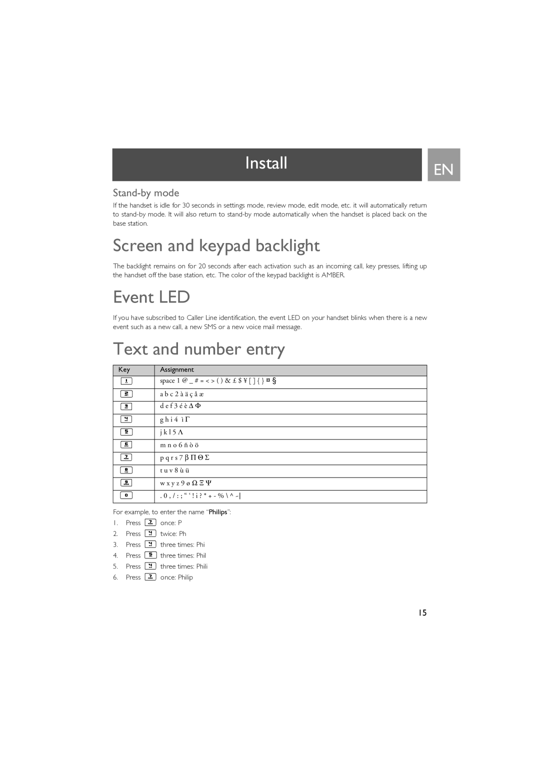 Philips SE630 manual Screen and keypad backlight, Event LED, Text and number entry, Stand-by mode 