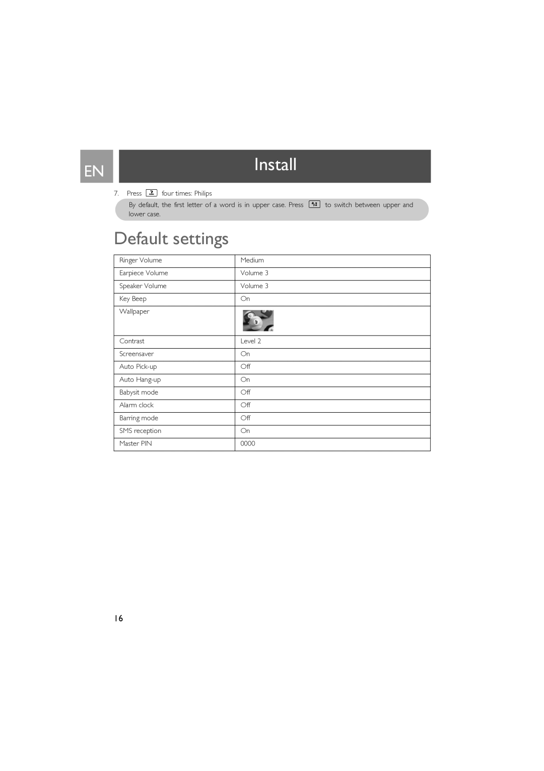 Philips SE630 manual Default settings 