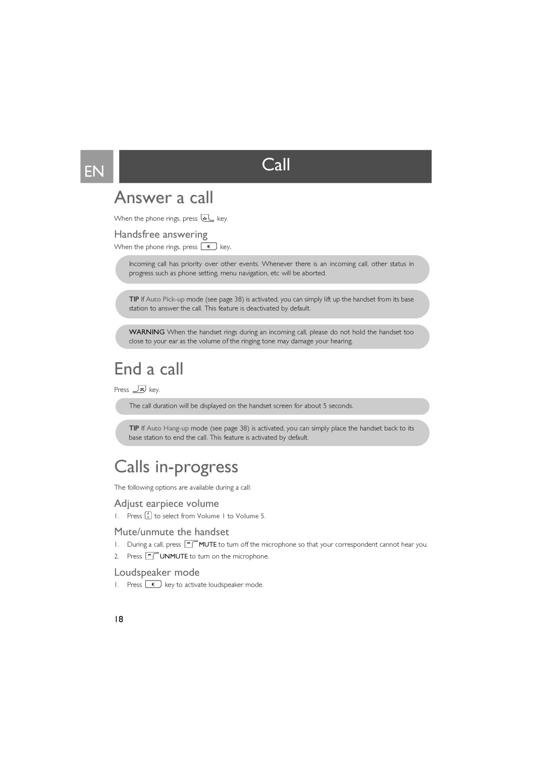 Philips SE630 manual ENCall, Answer a call, End a call, Calls in-progress 