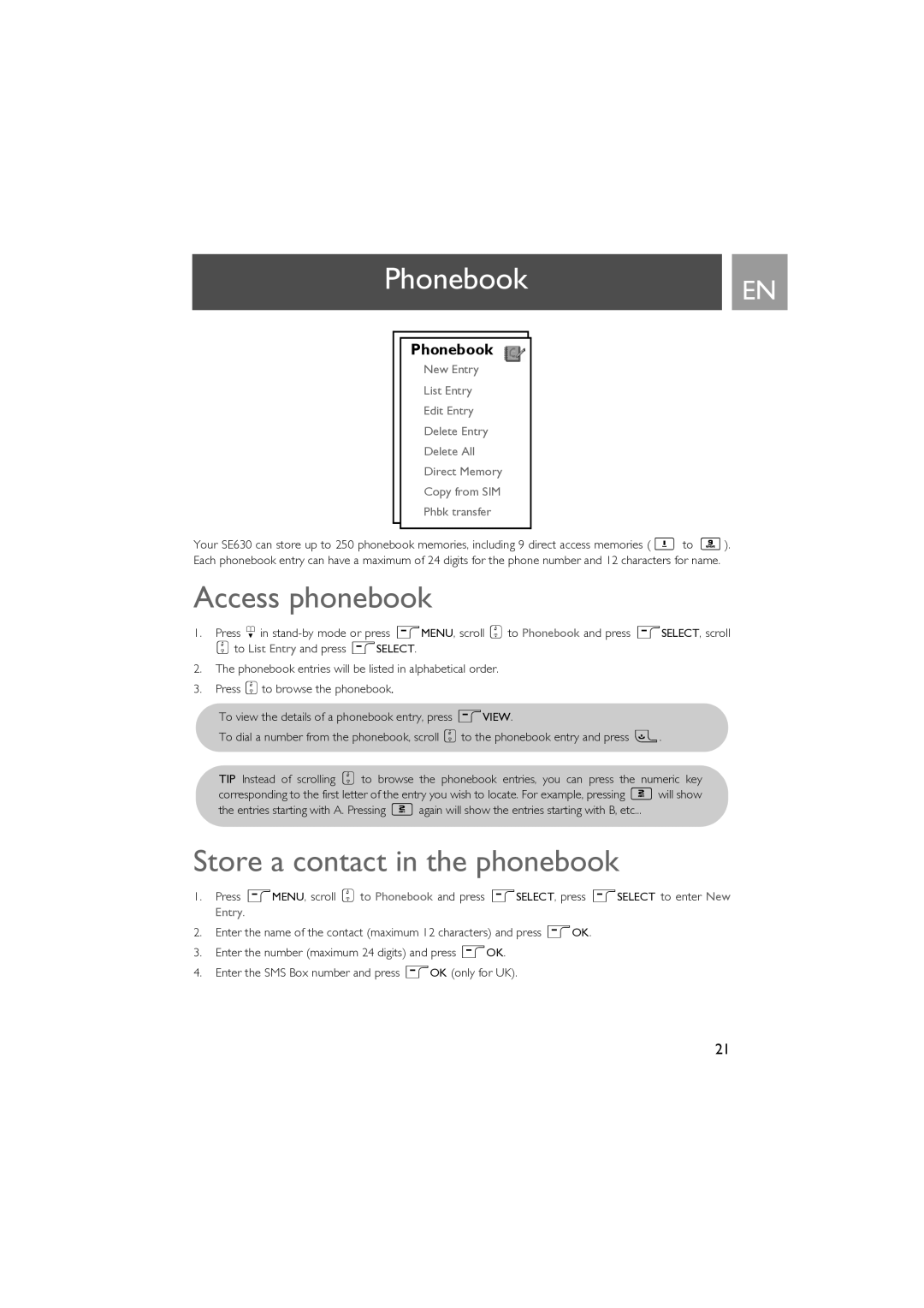 Philips SE630 manual PhonebookEN, Access phonebook, Store a contact in the phonebook 