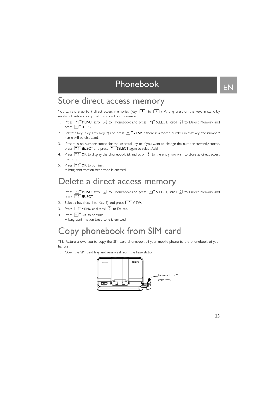 Philips SE630 manual Store direct access memory, Delete a direct access memory, Copy phonebook from SIM card 