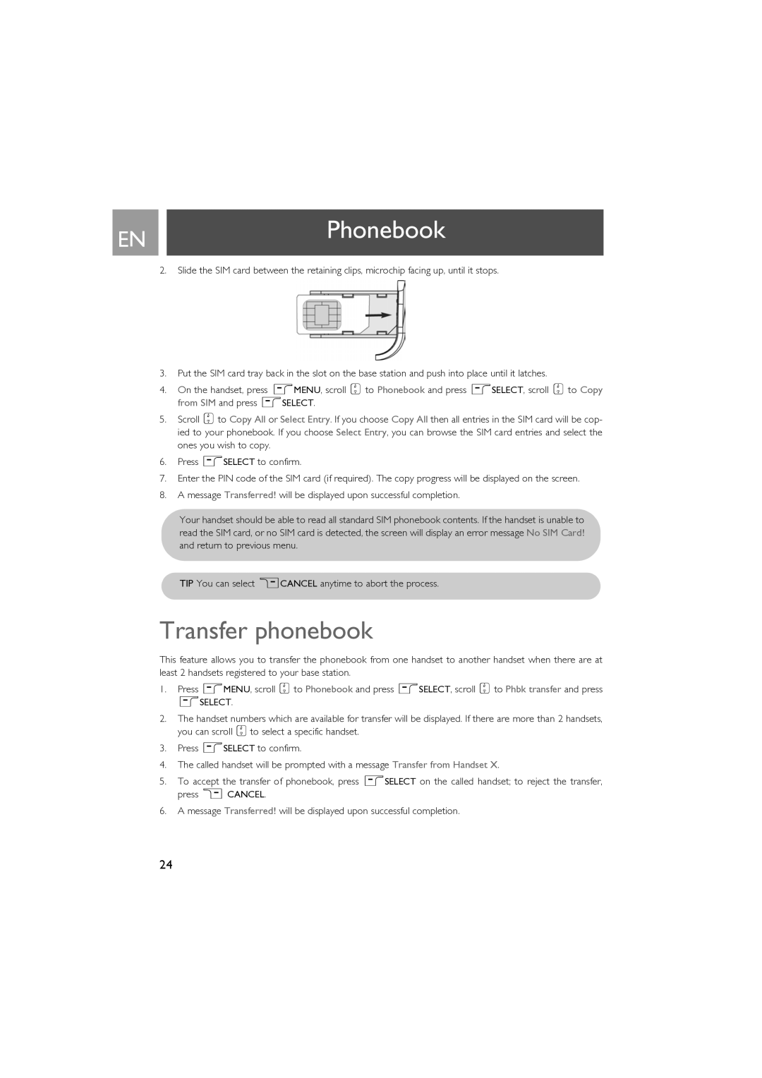 Philips SE630 manual Transfer phonebook 