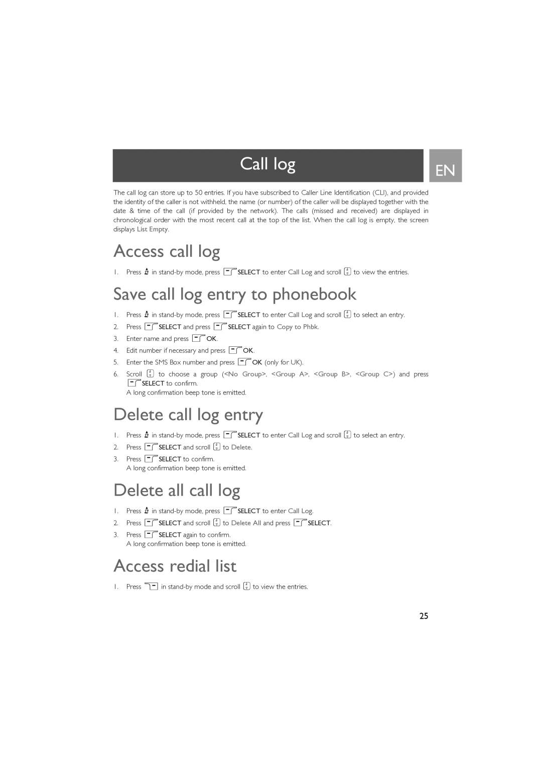 Philips SE630 manual Call log 