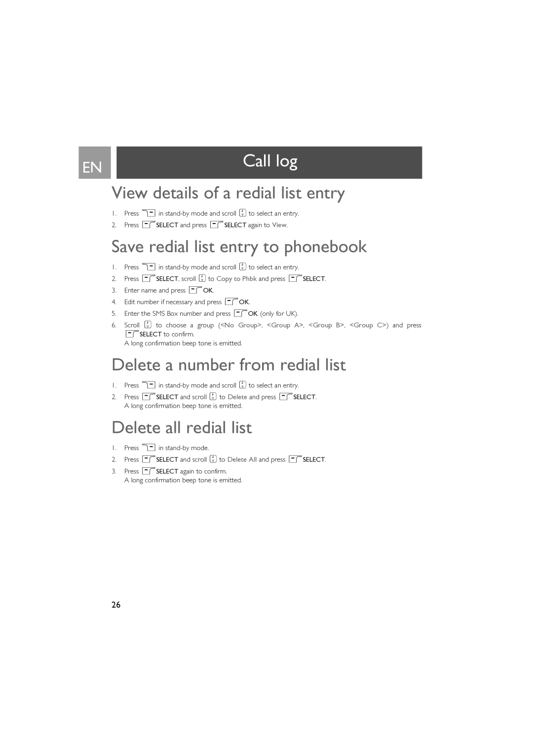 Philips SE630 View details of a redial list entry, Save redial list entry to phonebook, Delete a number from redial list 