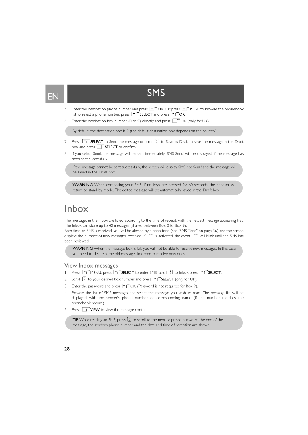 Philips SE630 manual View Inbox messages 