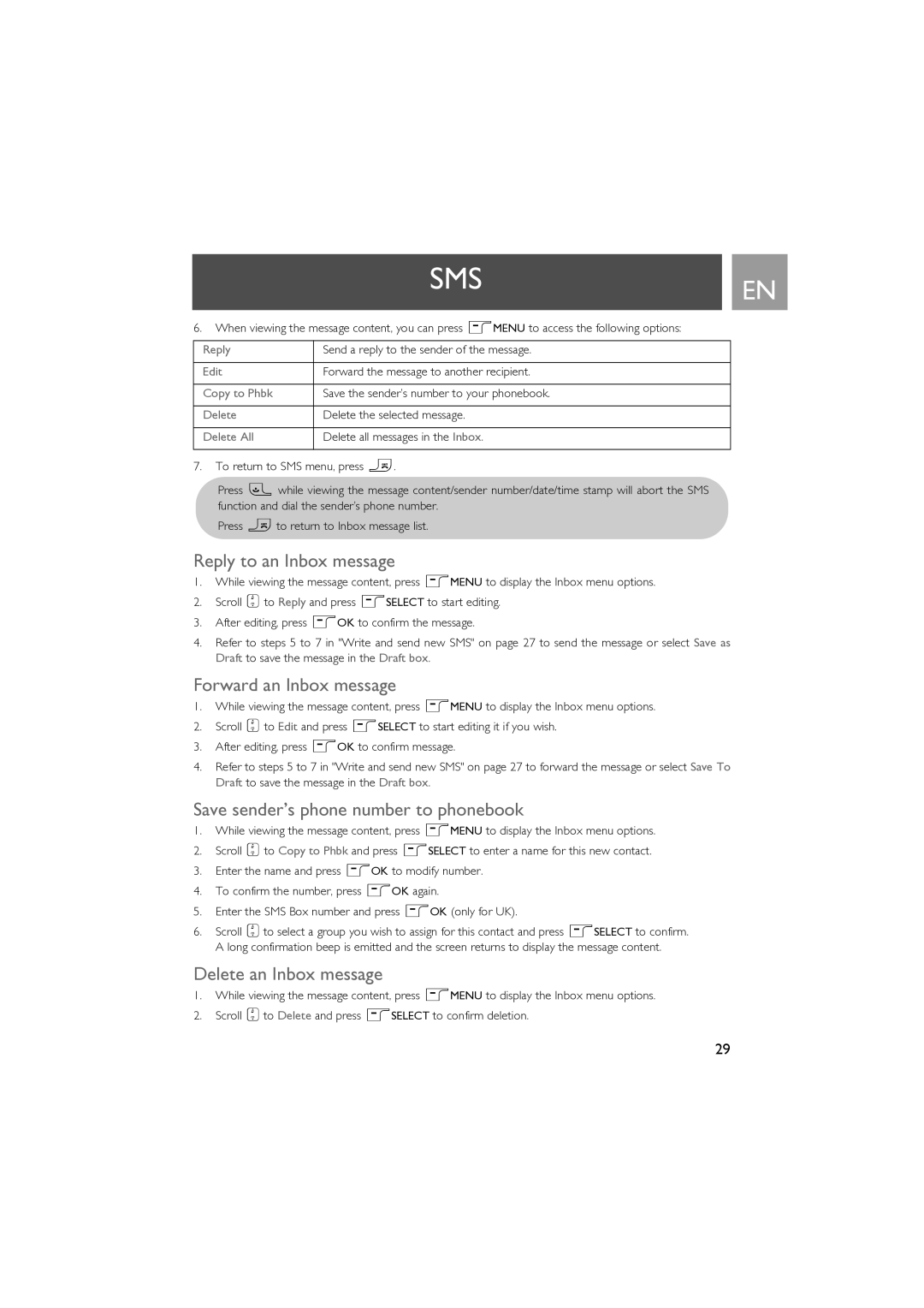 Philips SE630 manual Reply to an Inbox message, Forward an Inbox message, Save sender’s phone number to phonebook 