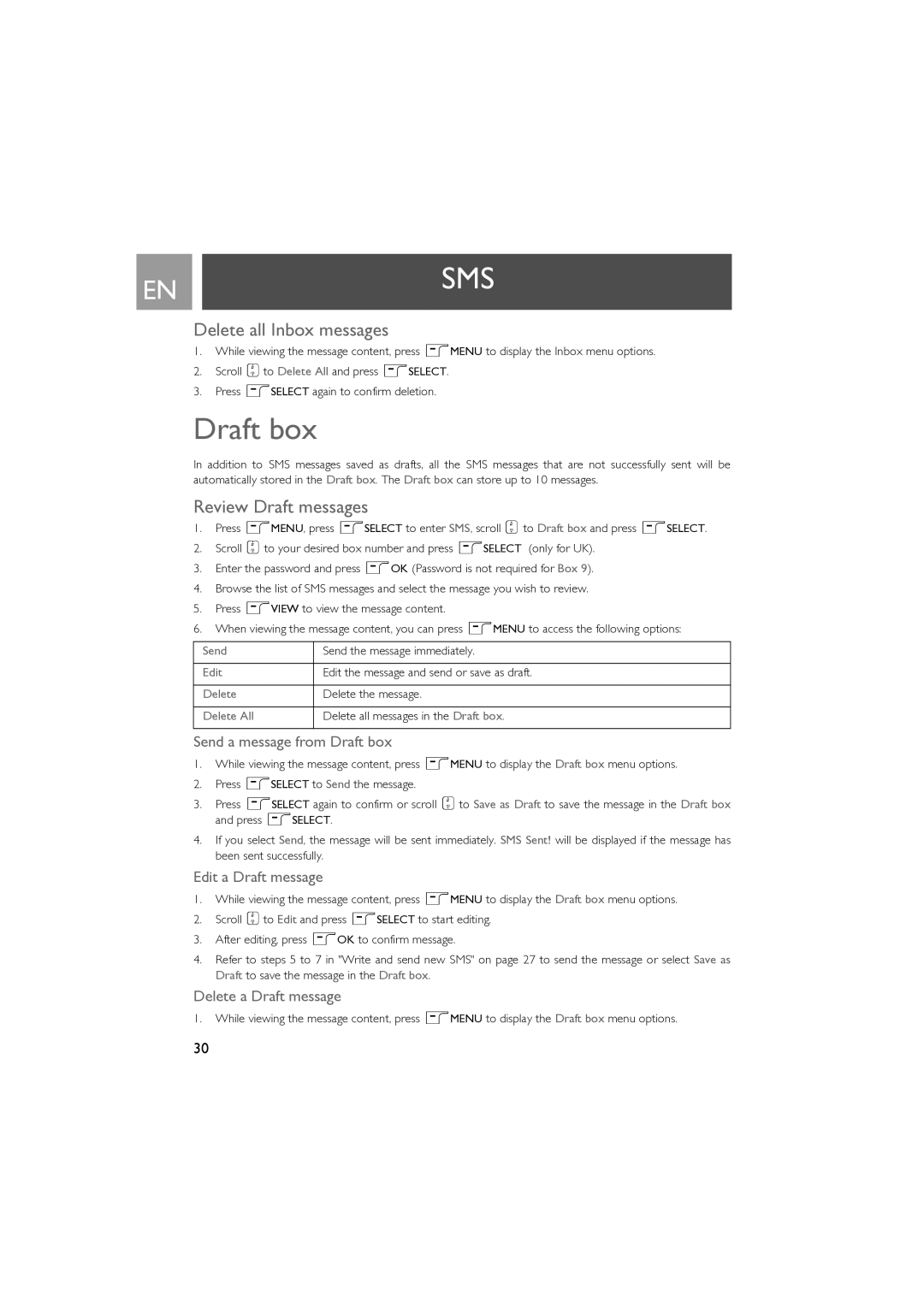 Philips SE630 manual Draft box, Delete all Inbox messages, Review Draft messages 