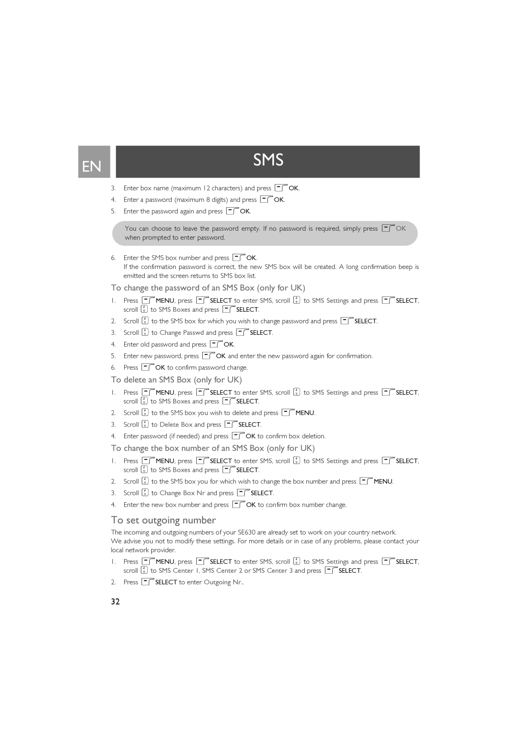 Philips SE630 manual To set outgoing number, To change the password of an SMS Box only for UK 