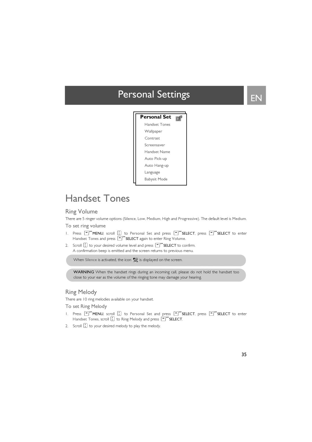 Philips SE630 manual Personal Settings, Handset Tones, Ring Volume, Ring Melody 