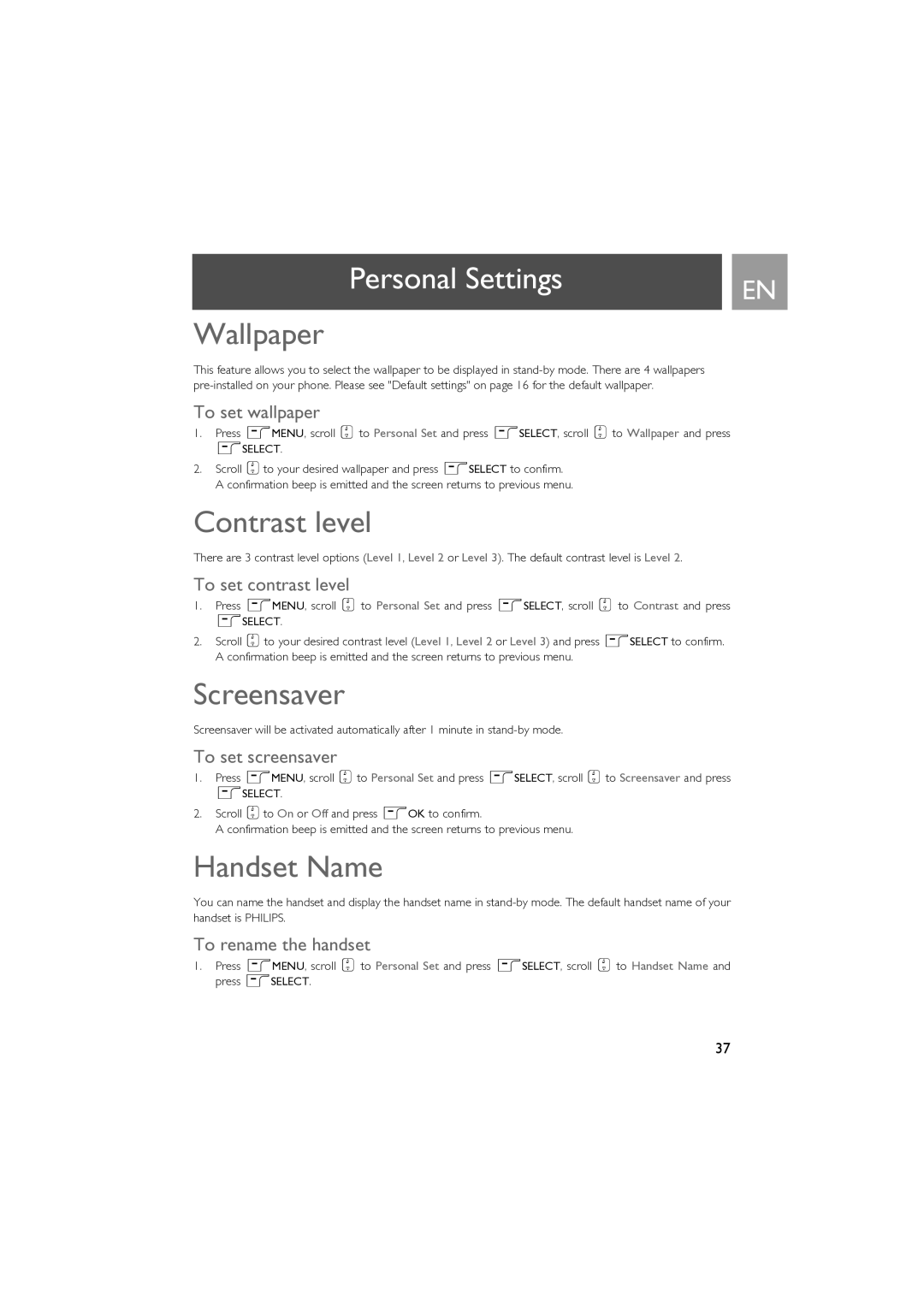 Philips SE630 manual Wallpaper, Contrast level, Screensaver, Handset Name 
