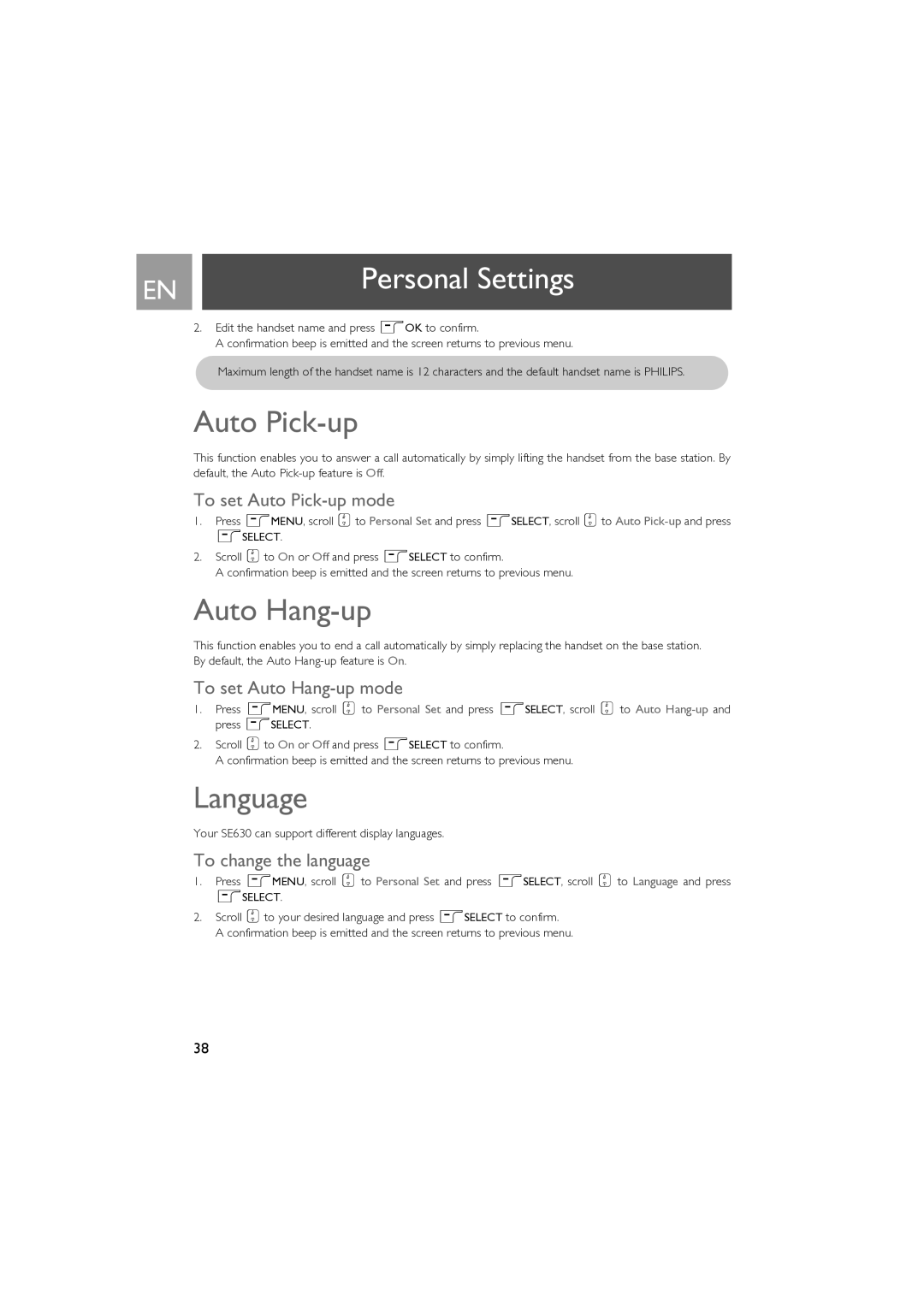 Philips SE630 manual Auto Pick-up, Auto Hang-up, Language 