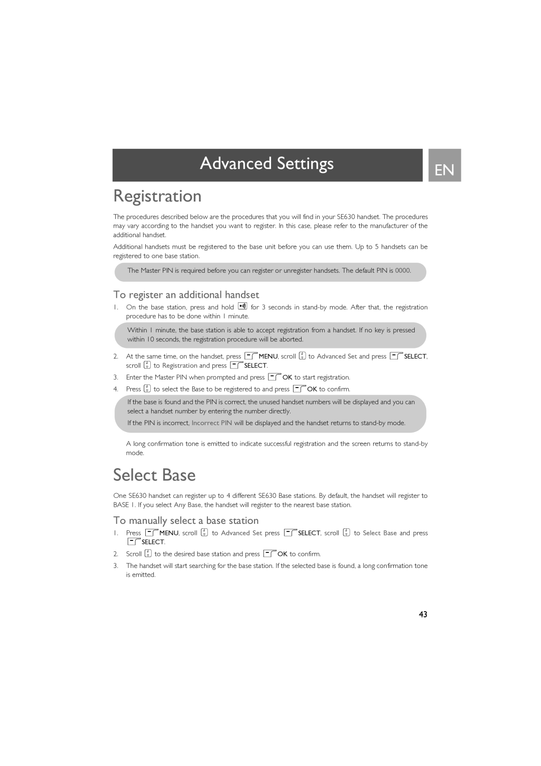 Philips SE630 Registration, Select Base, To register an additional handset, To manually select a base station 