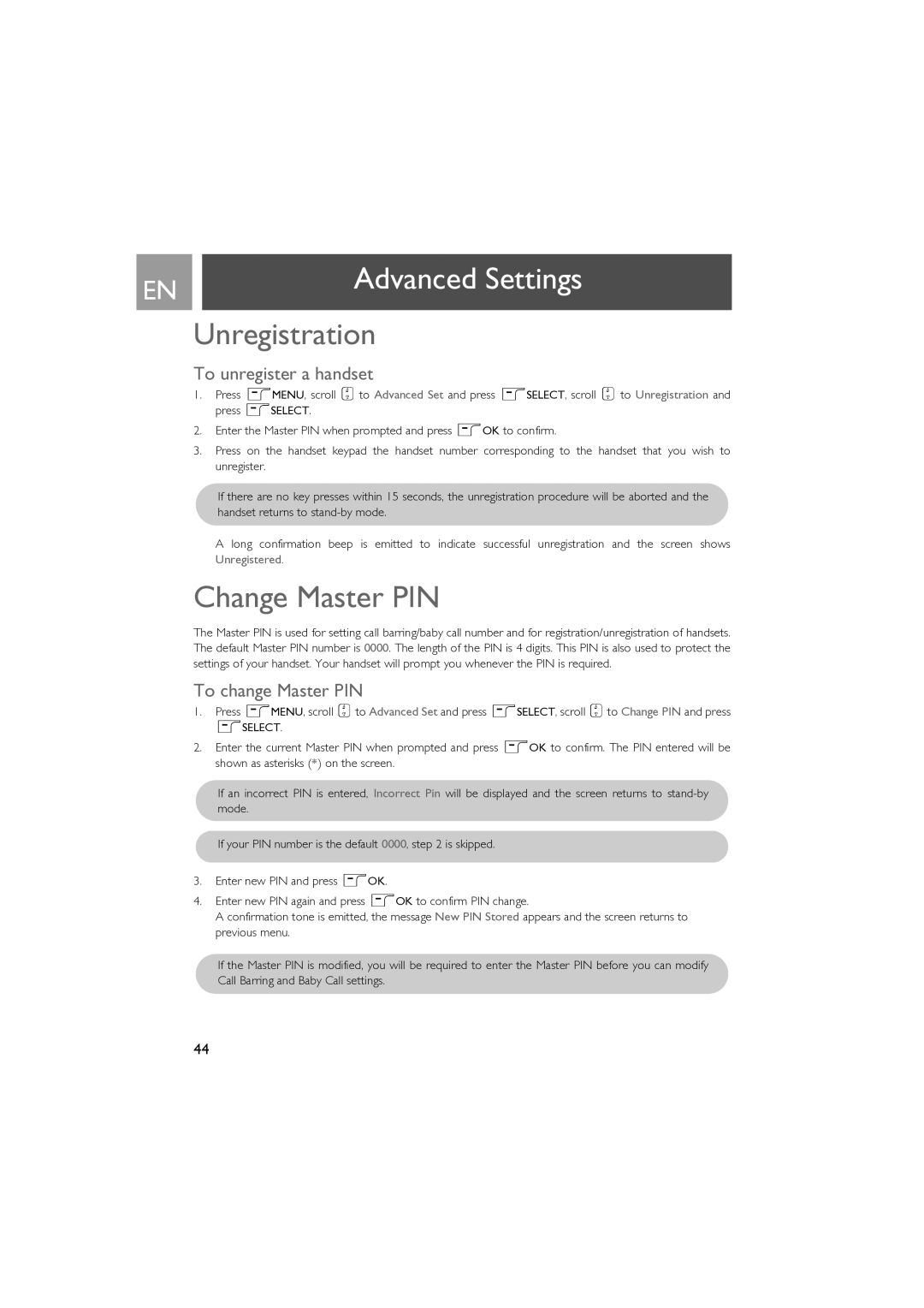 Philips SE630 manual Unregistration, Change Master PIN, To unregister a handset, To change Master PIN 