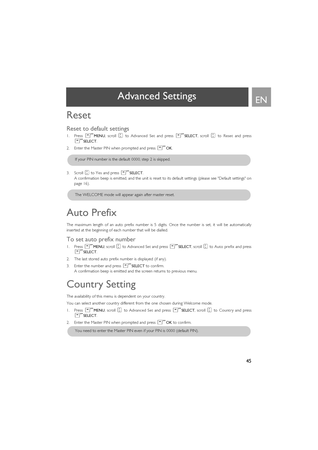Philips SE630 manual Auto Prefix, Country Setting, Reset to default settings, To set auto prefix number 