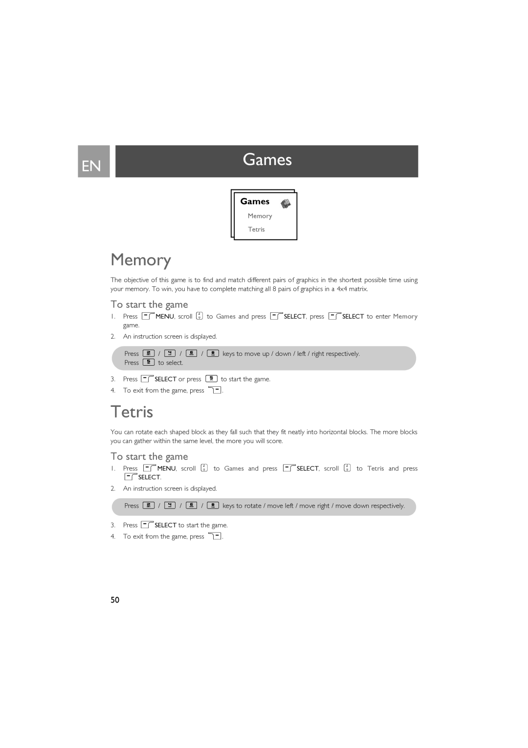 Philips SE630 manual ENGames, Memory, Tetris, To start the game 