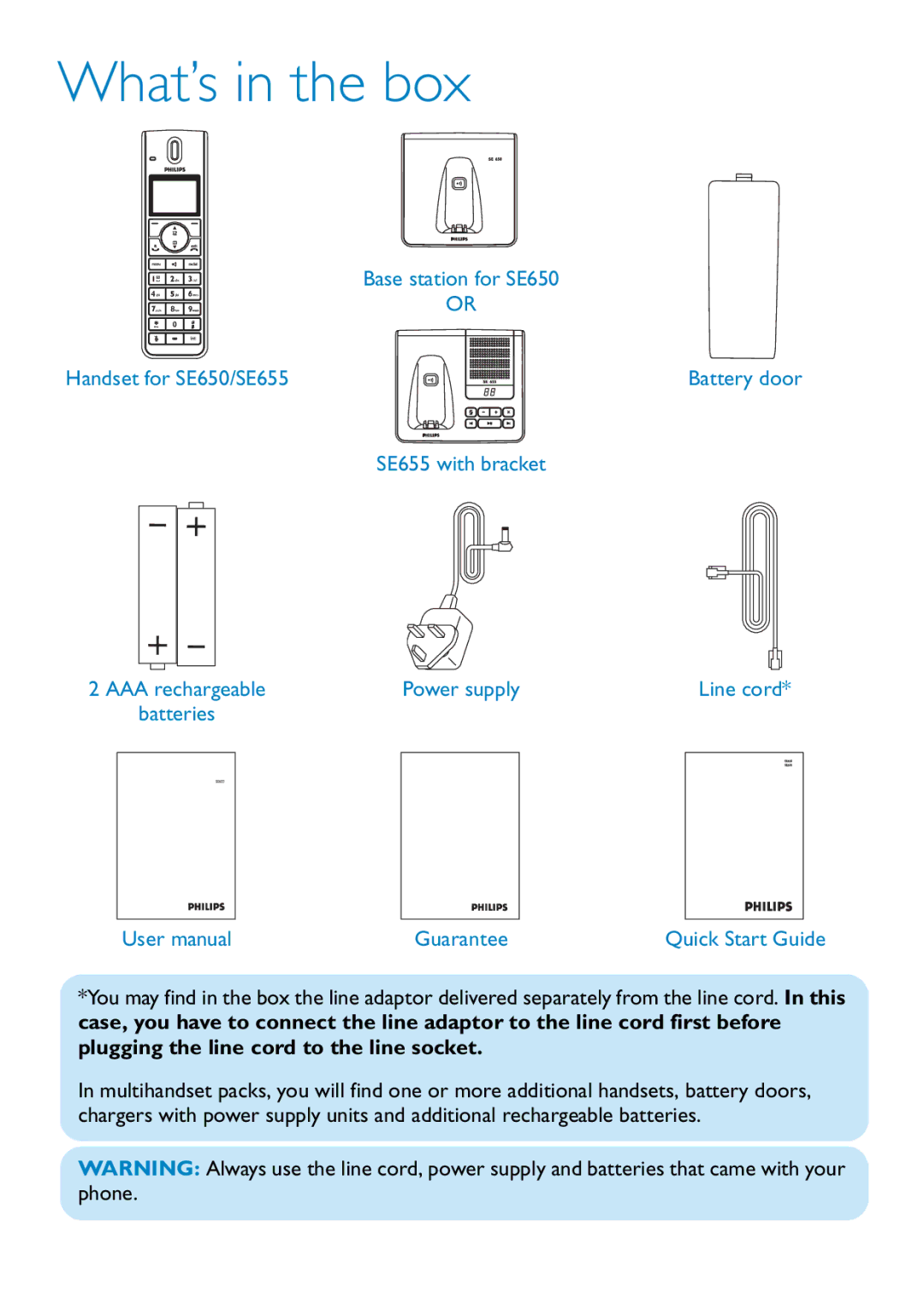 Philips quick start Base station for SE650 Handset for SE650/SE655, SE655 with bracket, Power supply 