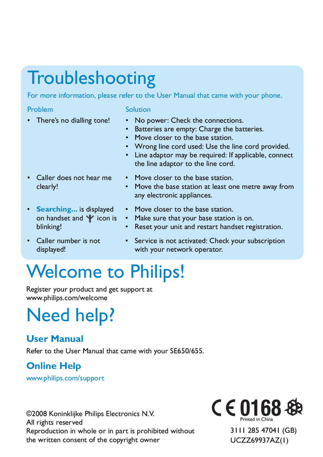 Philips SE650, SE655 quick start Troubleshooting, Welcome to Philips, Need help?, Problem Solution 