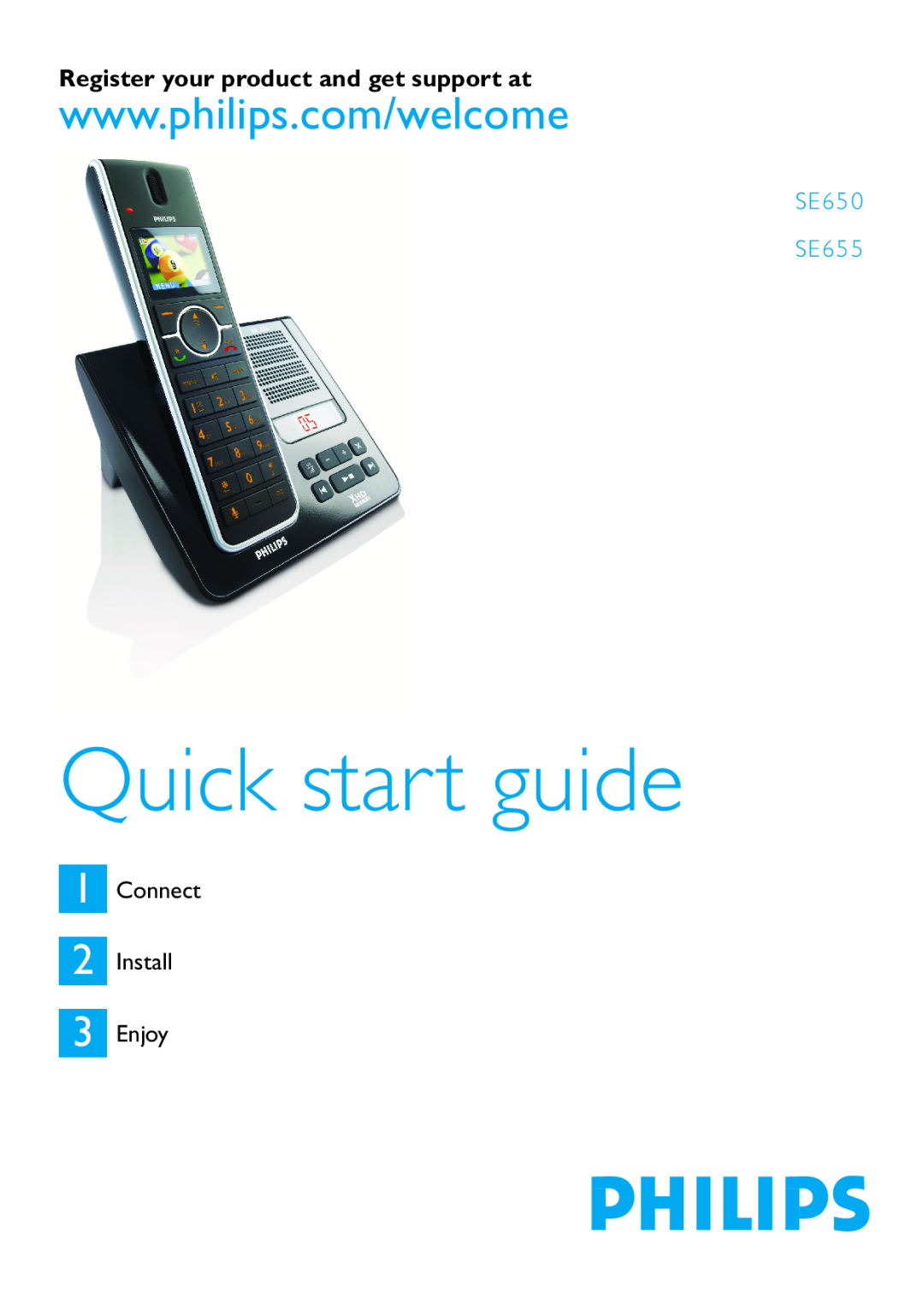 Philips SE655 quick start Quick start guide, Register your product and get support at, SE 65 SE 65, Connect Install, Enjoy 