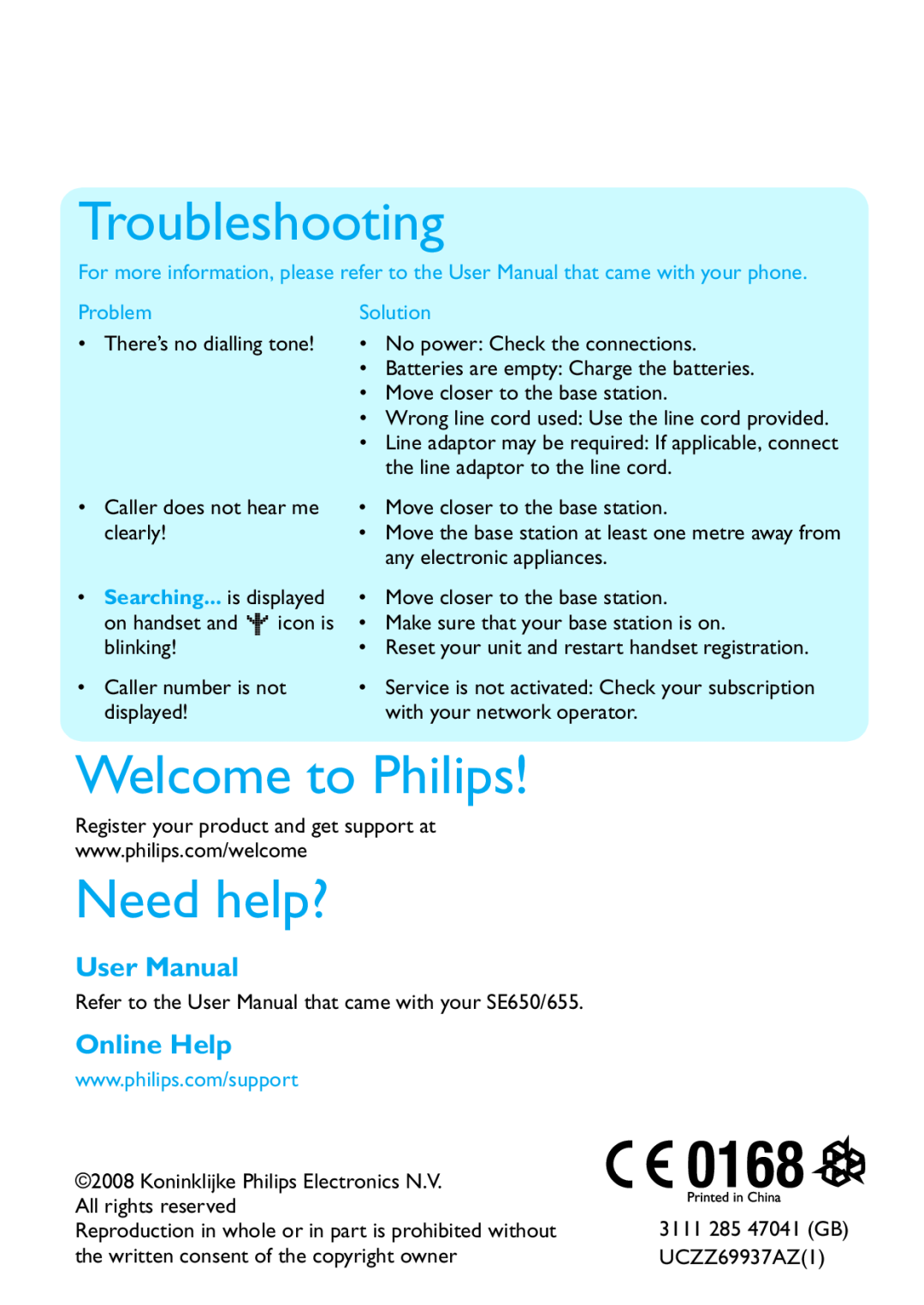 Philips SE650, SE655 Troubleshooting, Welcome to Philips, Need help?, Problem, Solution, User Manual, Online Help 