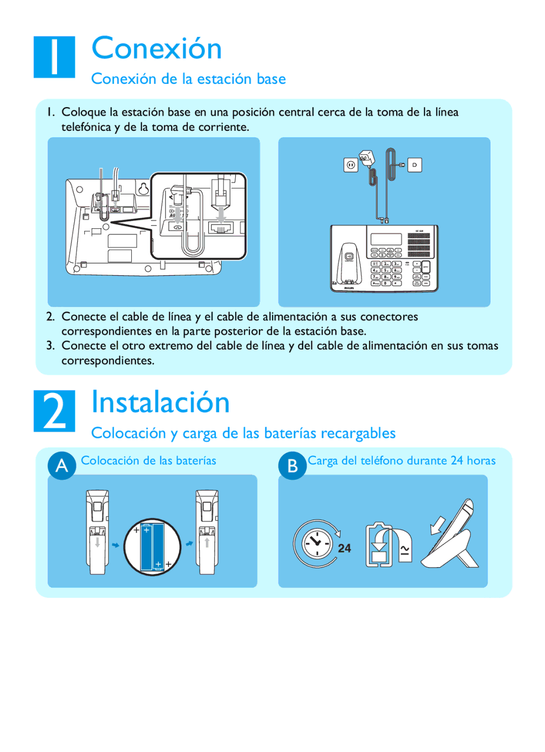 Philips SE658 manual Conexión, Instalación, Colocación de las baterías 