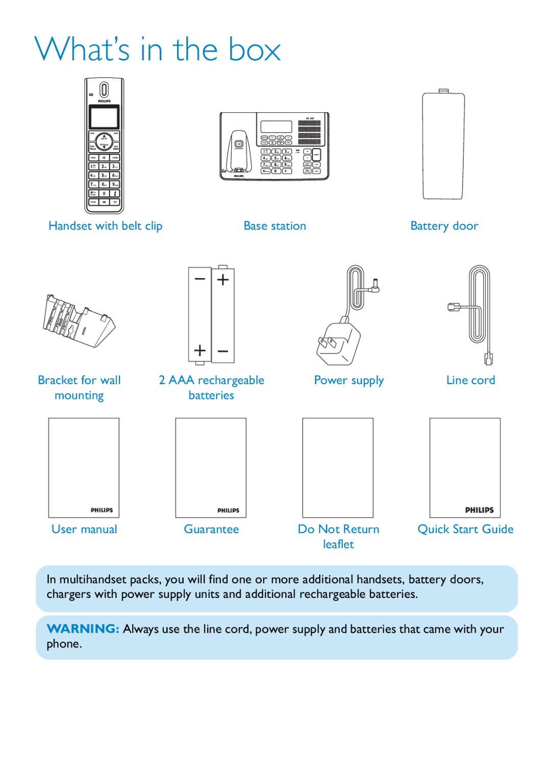 Philips SE658 quick start Handset with belt clip Base station, Power supply Line cord, Guarantee Do Not Return 