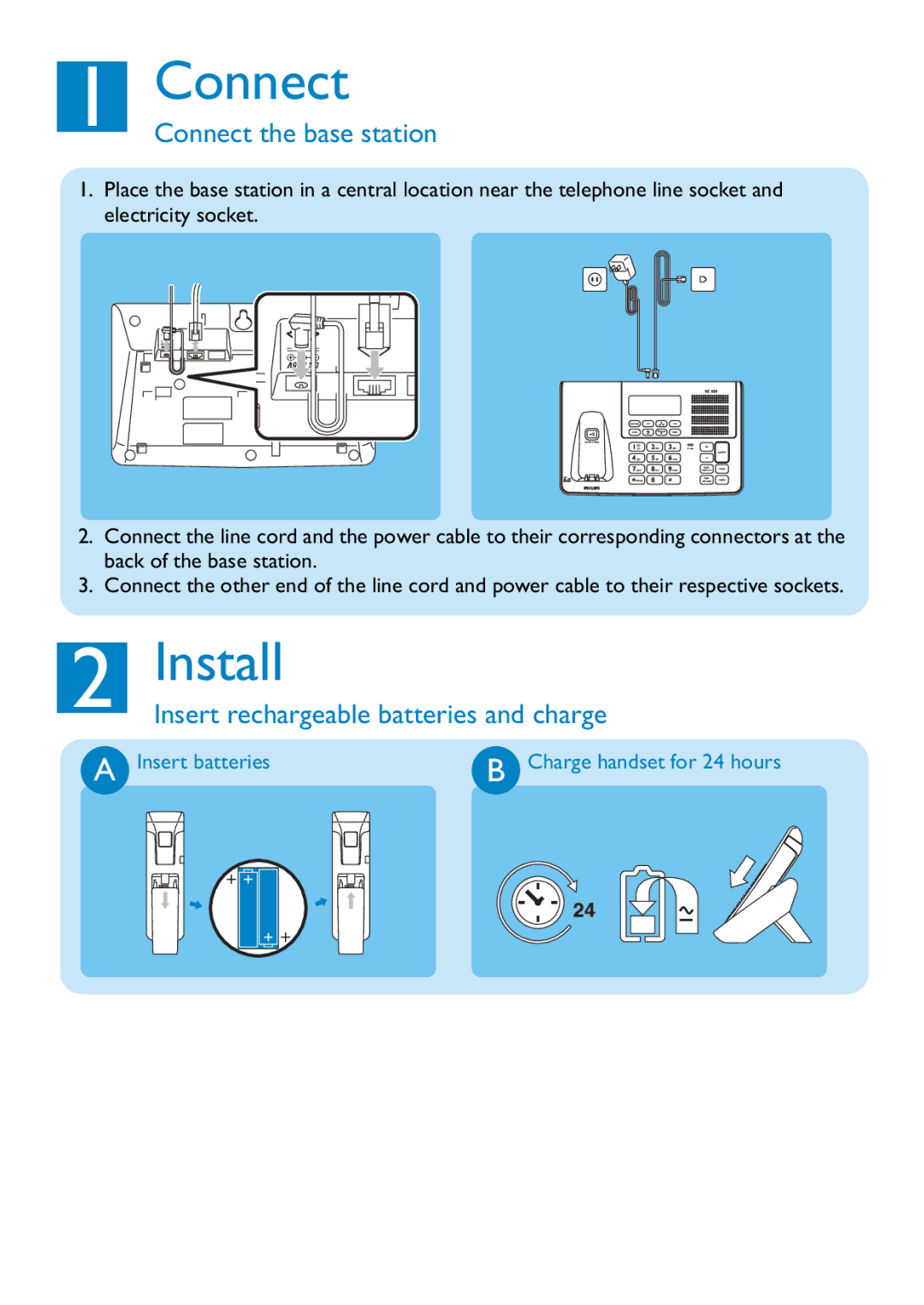 Philips SE658 quick start Connect, Install, Insert batteries 