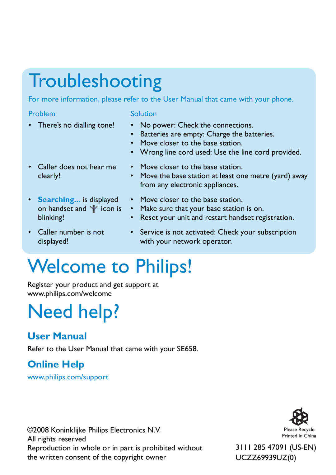 Philips SE658 quick start Troubleshooting, Welcome to Philips, Need help?, Problem Solution 