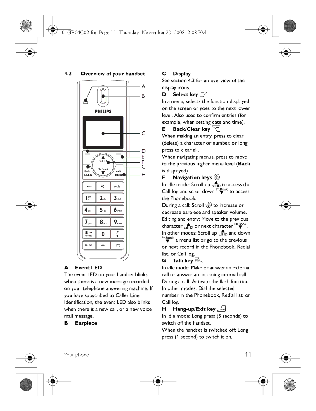 Philips SE6580 manual Overview of your handset Event LED, Earpiece Display, Select key o, Navigation keys n, Talk key t 