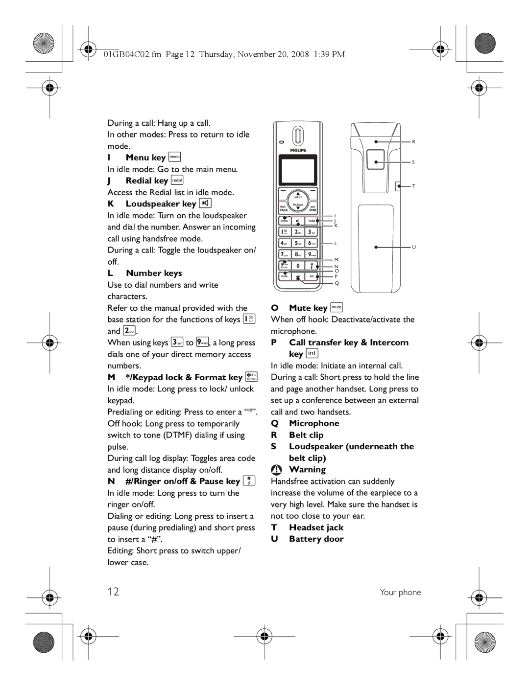 Philips SE6580B/37 manual Number keys, Mute key s, Call transfer key & Intercom key, Headset jack Battery door 