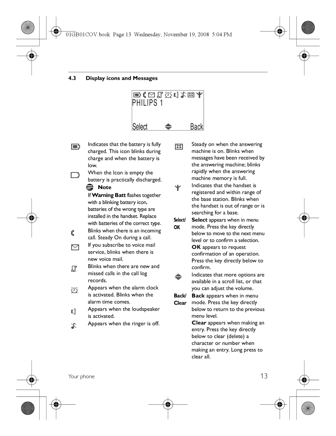 Philips SE6580B/37 manual Display icons and Messages 