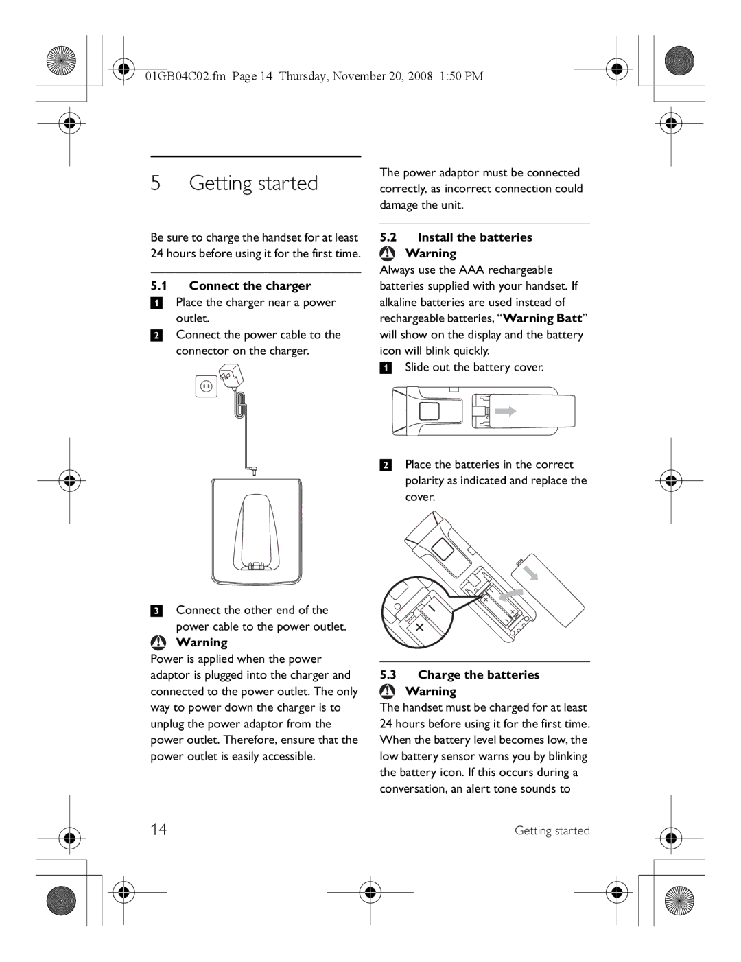 Philips SE6580B/37 manual Getting started, Connect the charger, Install the batteries, Charge the batteries 