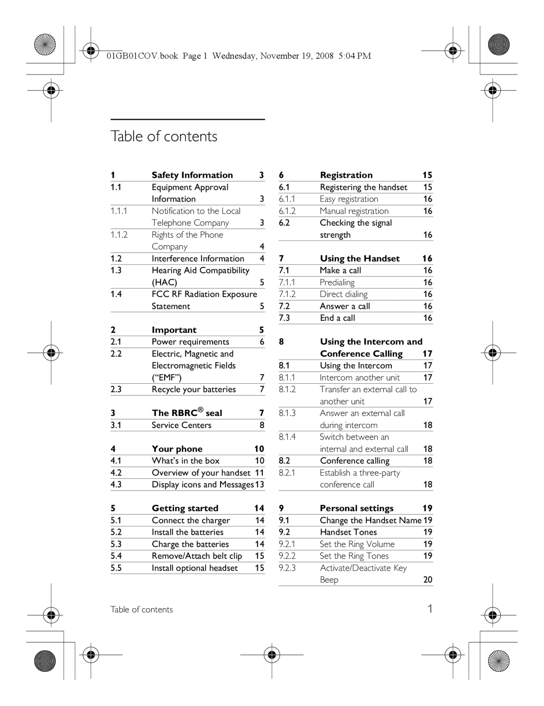 Philips SE6580B/37 manual Table of contents 