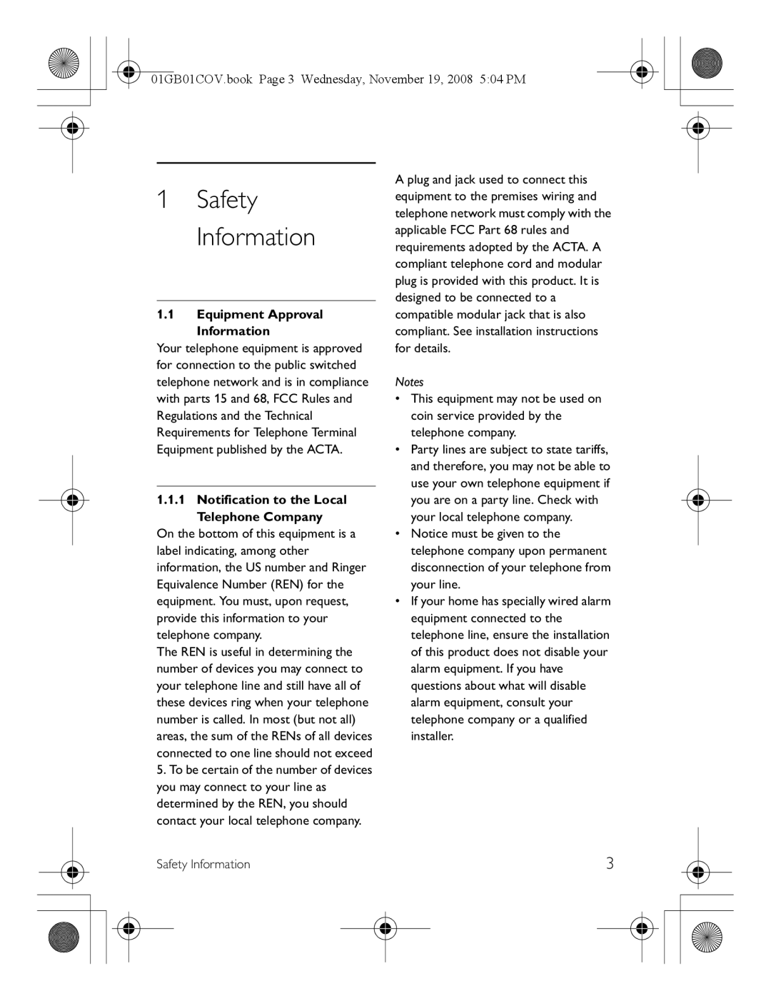 Philips SE6580B/37 manual Equipment Approval Information, Notification to the Local Telephone Company 