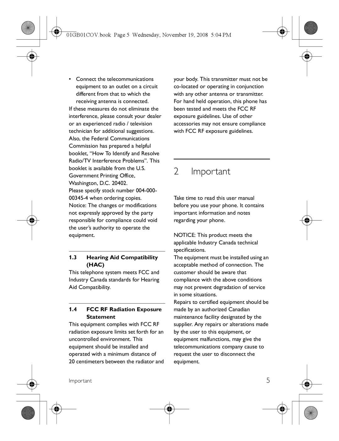 Philips SE6580B/37 manual Hearing Aid Compatibility HAC, FCC RF Radiation Exposure Statement 