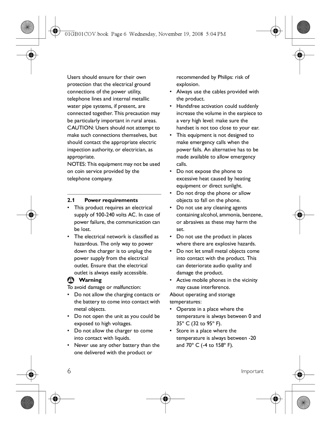 Philips SE6580B/37 manual 01GB01COV.book Page 6 Wednesday, November 19, 2008 504 PM, Power requirements 