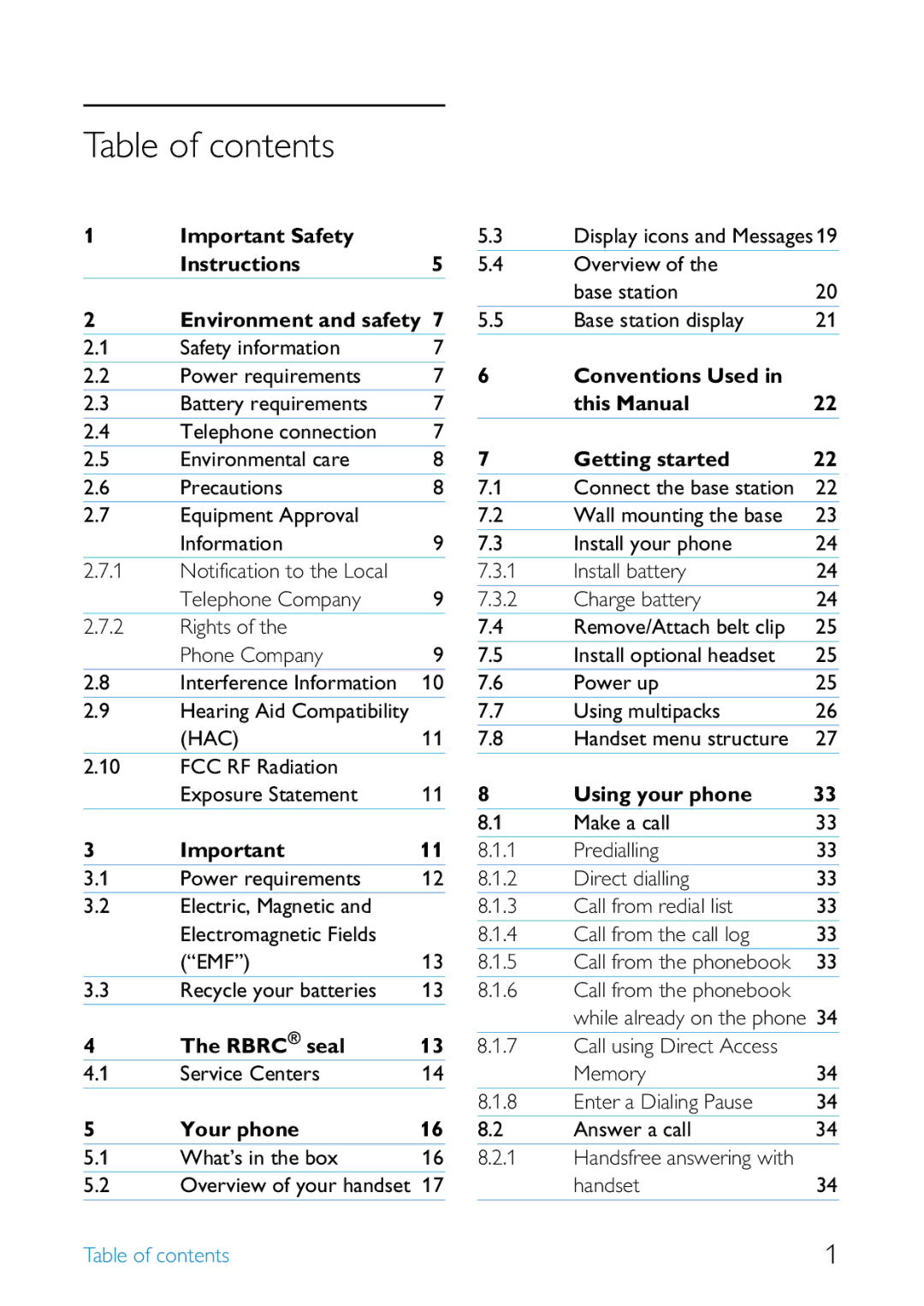 Philips SE6581B/17 manual Table of contents 