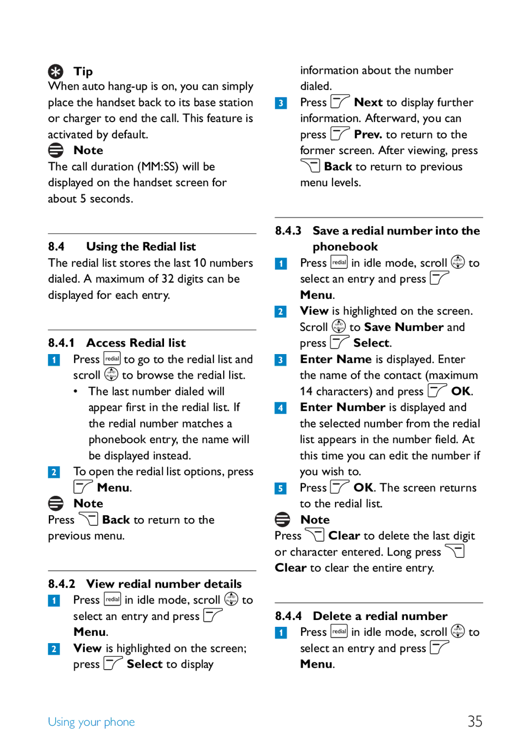 Philips SE6581B/17 manual Using the Redial list, Access Redial list, Save a redial number into the phonebook, Menu 