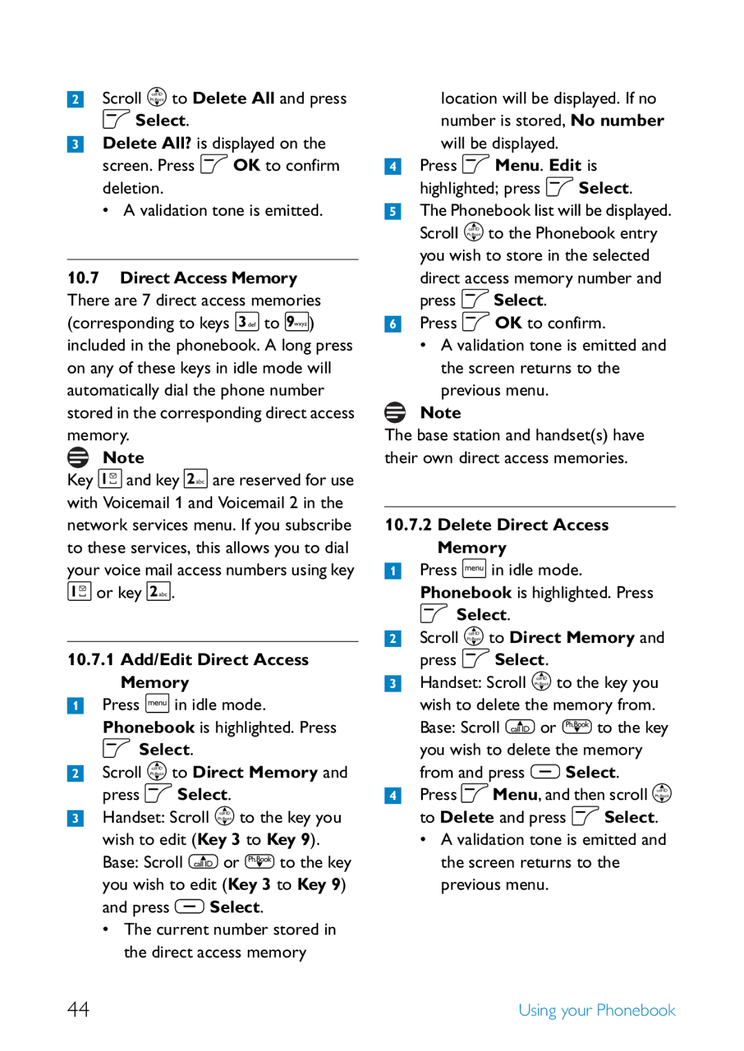 Philips SE6581B/17 Scroll n to Delete All and press, 10.7.1 Add/Edit Direct Access Memory, Delete Direct Access Memory 