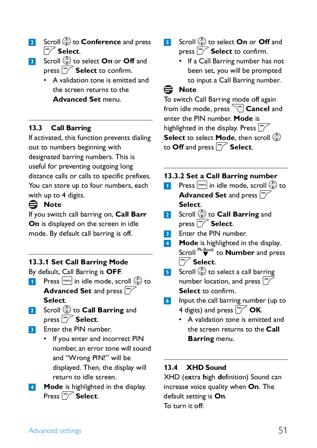 Philips SE6581B/17 manual Scroll n to Conference and press, Set Call Barring Mode, Advanced settings 