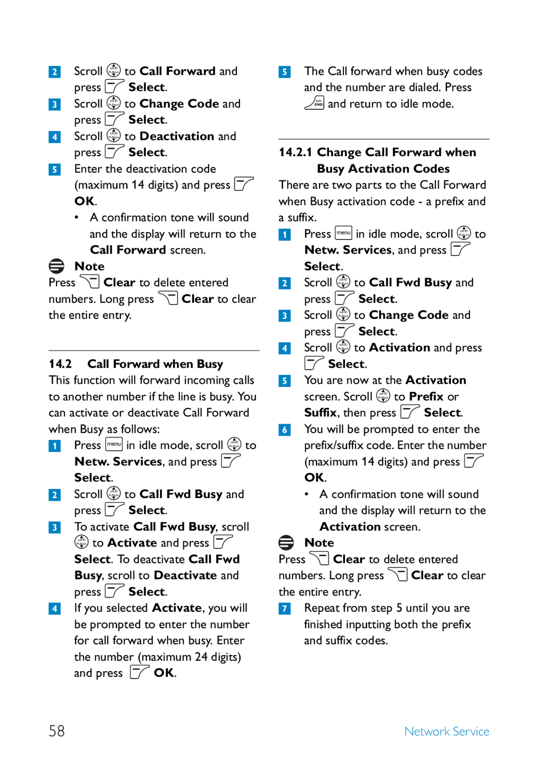 Philips SE6581B/17 manual Call Forward screen, Call Forward when Busy, Netw. Services, and press o Select 