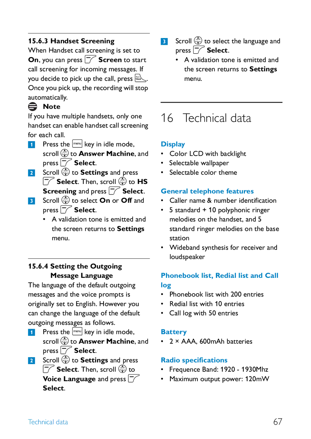 Philips SE6581B/17 manual Technical data, Handset Screening, Screening and press o Select 