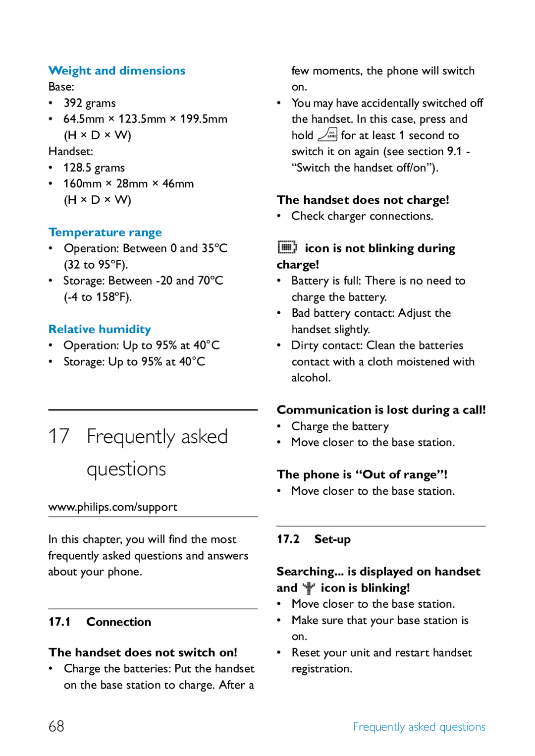 Philips SE6581B/17 Connection Handset does not switch on, Handset does not charge, Icon is not blinking during charge 