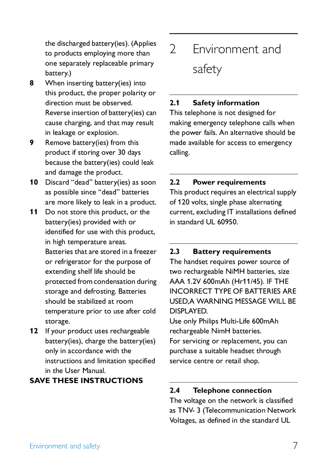 Philips SE6581B/17 manual Environment and safety, Battery requirements, Telephone connection 