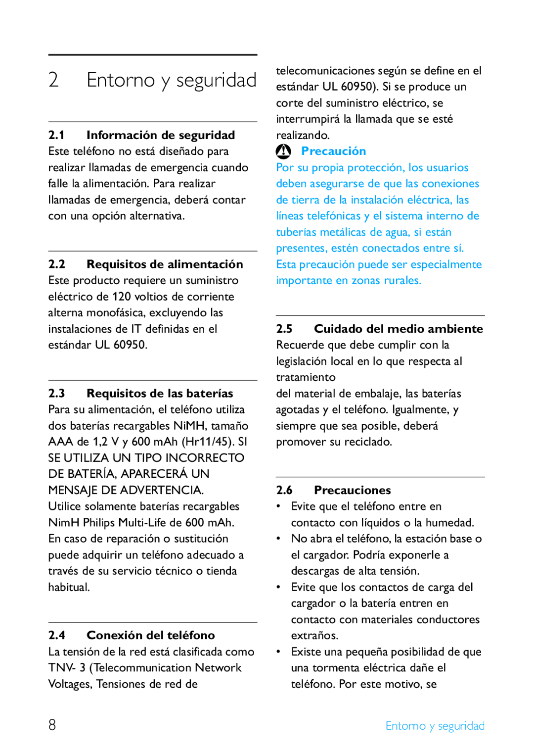 Philips SE659 manual Entorno y seguridad, Conexión del teléfono, Precauciones 