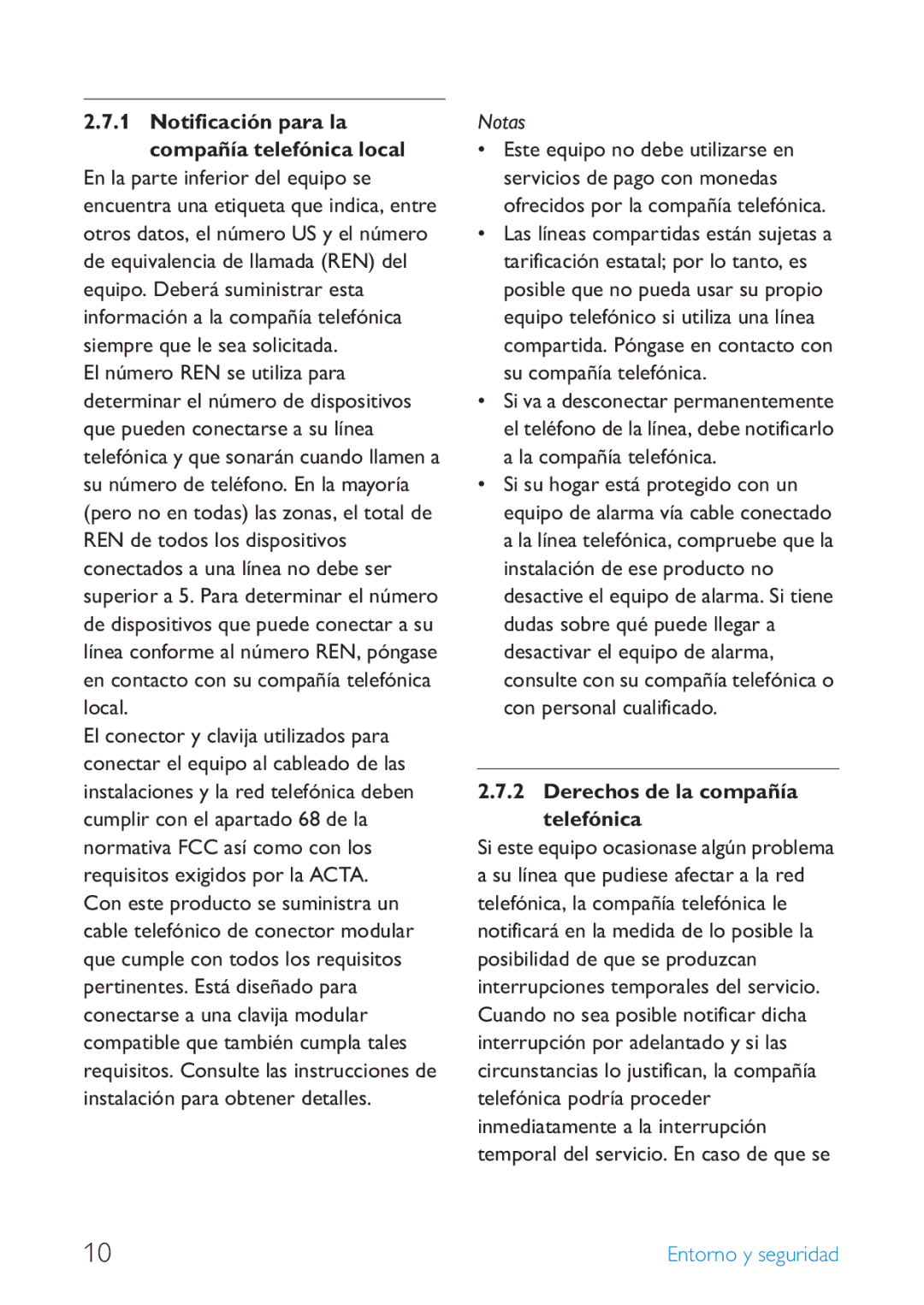 Philips SE659 manual Derechos de la compañía telefónica, Notificación para la compañía telefónica local 