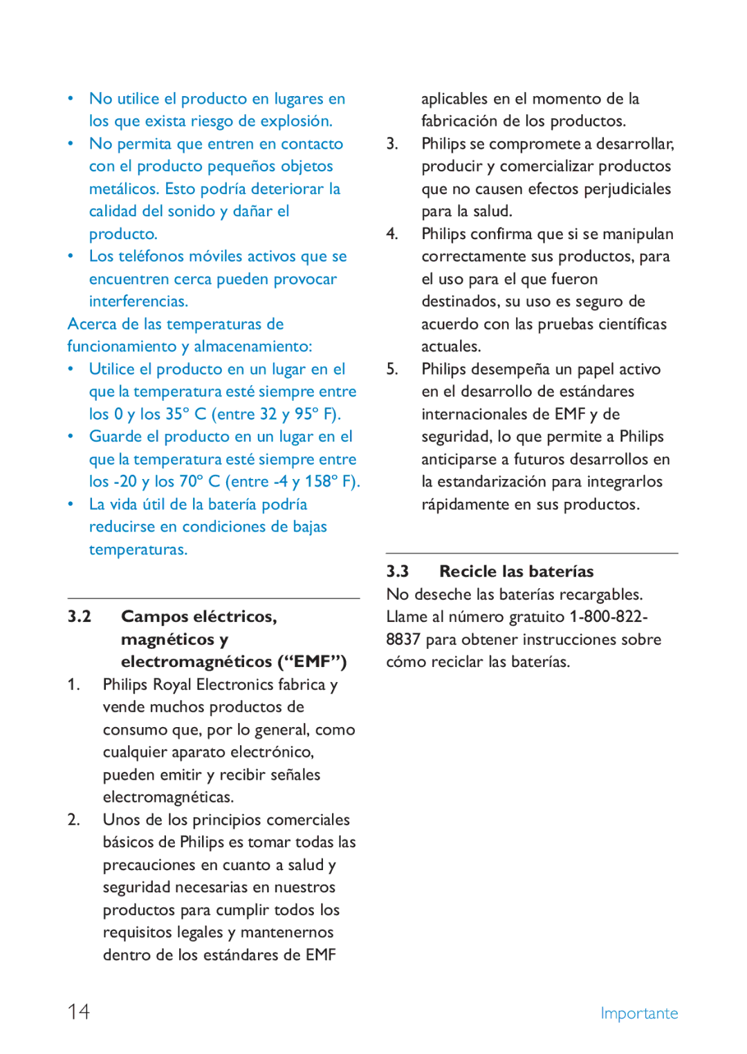 Philips SE659 manual Campos eléctricos, magnéticos y electromagnéticos EMF, Recicle las baterías 